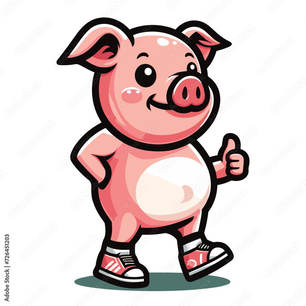Cute adorable pig giving thumbs up cartoon character vector illustration, funny piggy flat design template isolated on white background