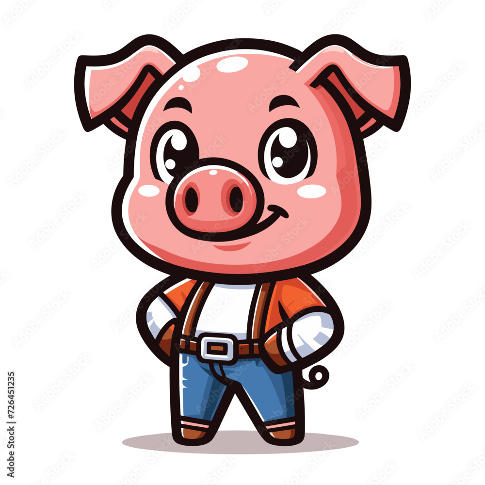 Fototapeta premium Cute adorable pig cartoon character vector illustration, funny piggy flat design template isolated on white background