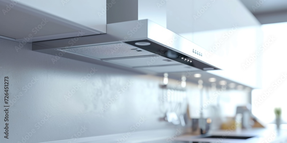 A stove top oven positioned underneath a kitchen hood. Ideal for cooking and baking in a modern kitchen A stove top oven positioned underneath a kitchen hood. Ideal for cooking and baking in a modern kitchen