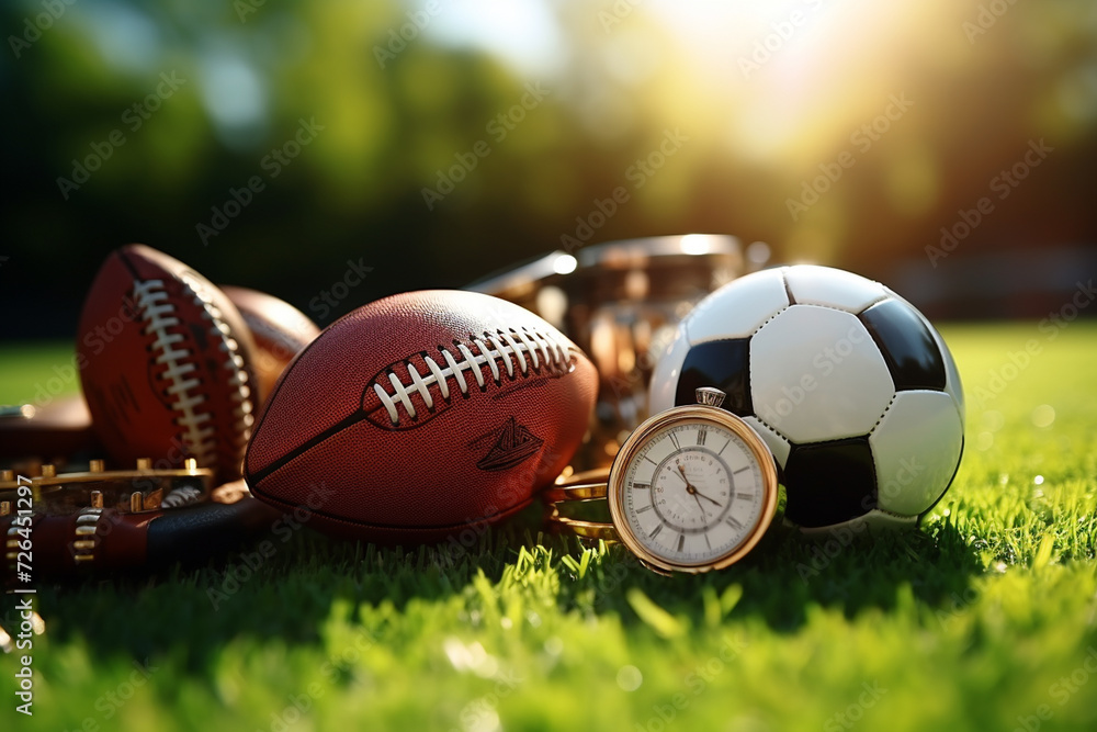 Sports equipment on green grass background. Top view, flat lay.