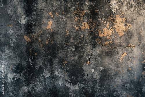 A picture of a wall painted in black and gold with peeling paint. This image can be used to depict urban decay or as a background for artistic projects