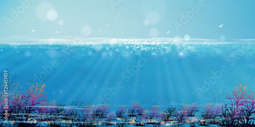 Underwater in deep sea blue with sun and cloud on island,Bottom of ocean with sun ray shining through underwater creatures,coral reefs,seaweed and shell in natural habitat,Vector  marine sea life
