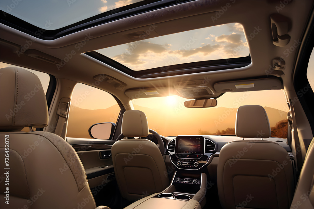 Modern car interior. Interior of prestige modern car. Comfortable leather seats. Steering wheel and dashboard.