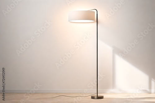A minimalist floor lamp standing tall against a white wall  diffusing soft  ambient light.