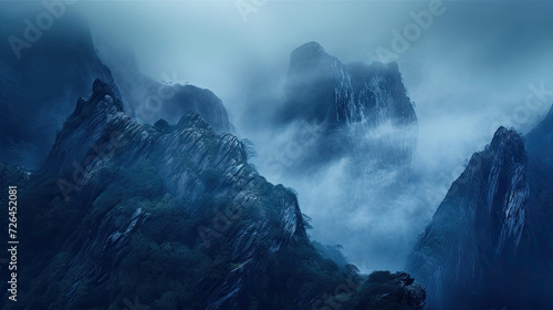 Blue and Gray View of Foggy Rocky Hills - Generative AI