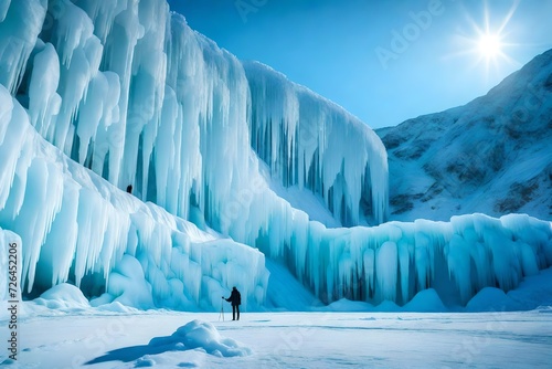 An ice wall towering over a frozen landscape, displaying nature's grandeur.
