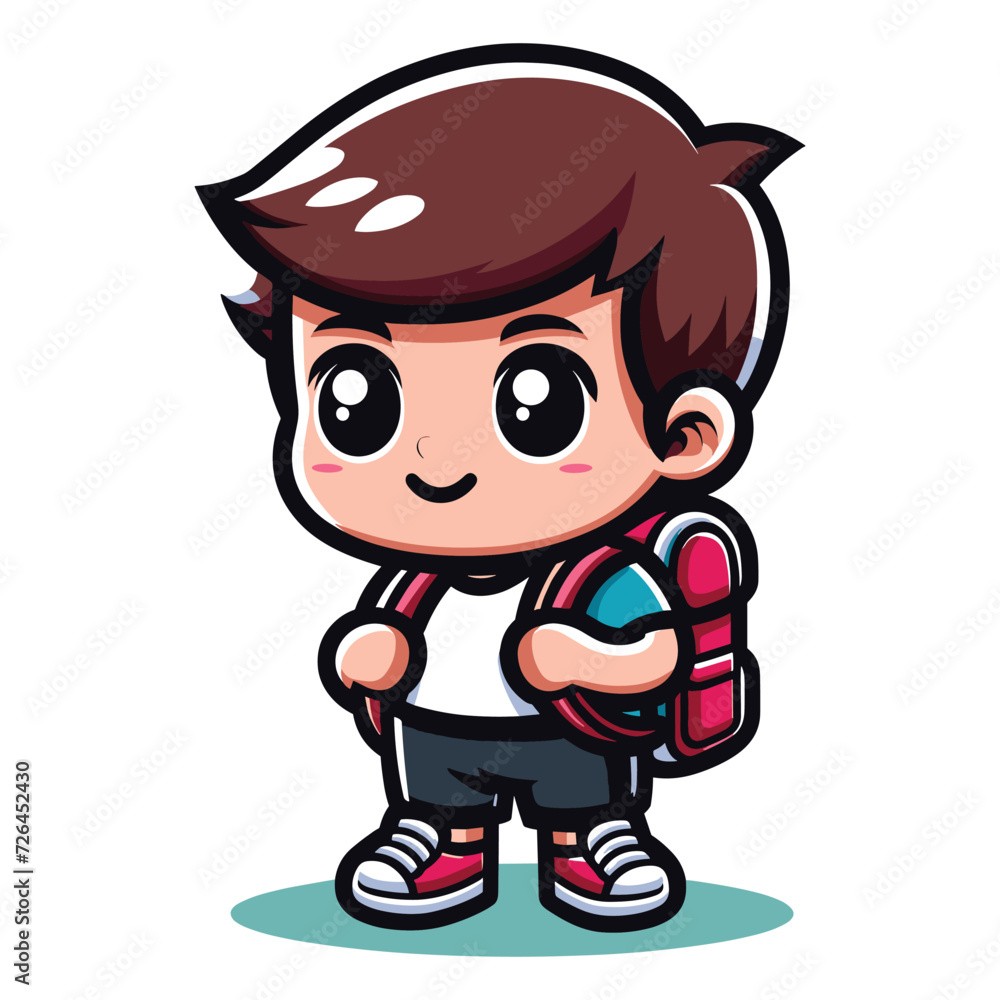 Cute little children stand with backpack, smiling kid heading to school cartoon character, vector illustration isolated on white background Cute little children stand with backpack, smiling kid heading to school cartoon character, vector illustration isolated on white background