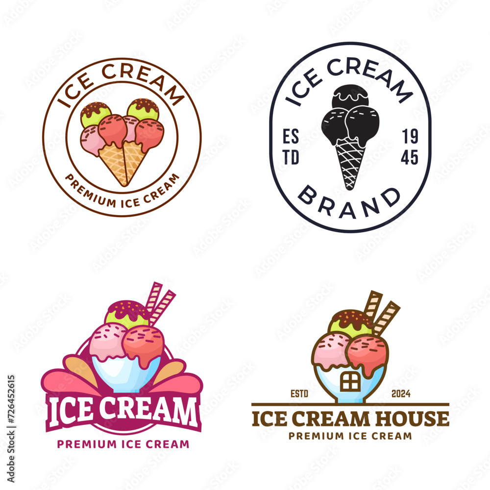 Fototapeta premium Set of ice cream shop logo badges and labels, gelateria signs. logotypes for cafeteria or bar.