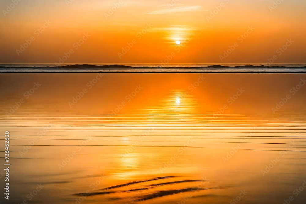 A calm, gradient seascape with shades of gold and orange reflected in the water at sunrise.