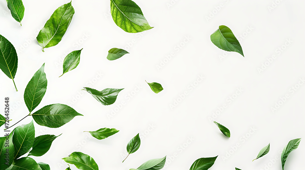 a white background with green leaves flying across it a white background with green leaves flying across it