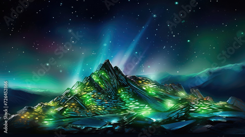 Brilliant Mountain Peak with Crystals Illuminated by the Northern Lights - Generative AI