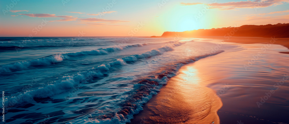 High angle of view of idyllic beach with foamy waves and empty space for text. Landscape top view image of paradise beach. - obrazy, fototapety, plakaty 
