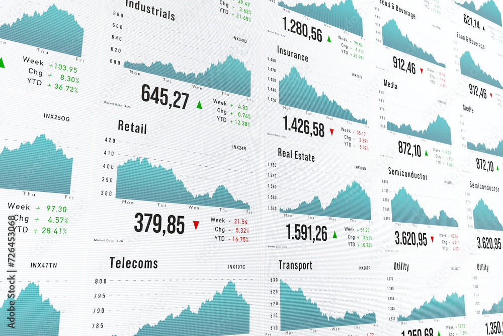 Stock market and exchange monitor with industry sector charts and price information. Business and finance, investment, growth, financial markets, research. 3D illustration