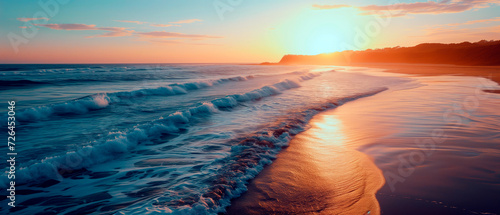 High angle of view of idyllic beach with foamy waves and empty space for text. Landscape top view image of paradise beach.