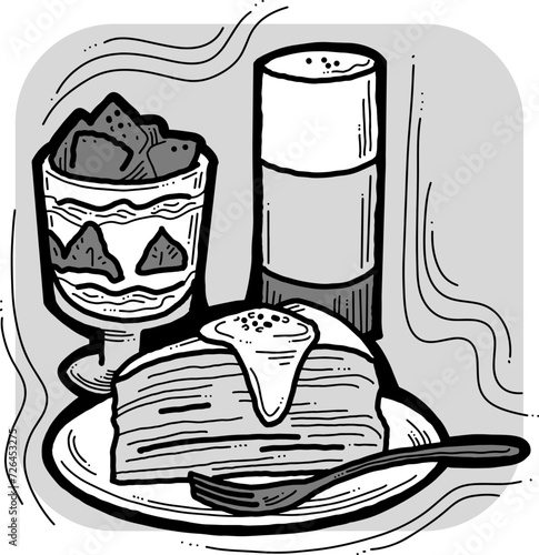 Sweet dessert cake with fruits for celebration birthday party or wedding, tasty breakfast. For cafe, restaurant menu print, postcard or poster. Hand drawn illustration. Cartoon style line art drawing.