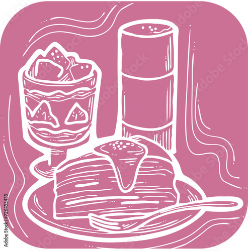 Sweet dessert cake with fruits for celebration birthday party or wedding, tasty breakfast. For cafe, restaurant menu print, postcard or poster. Hand drawn illustration. Cartoon style line art drawing.