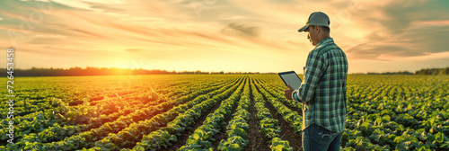 Precision Agriculture Technology: a farmer holds a tablet in agriculture land. Innovative tools, optimizing farming practices, using data for precise resource allocation.