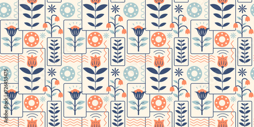 Simple naive tile floral background. Stylized Nordic seamless wallpaper. Minimalist folk floral shapes. Seamless print for patchwork or fabric. Scandinavia ornamental graphic with flowers and leaves.