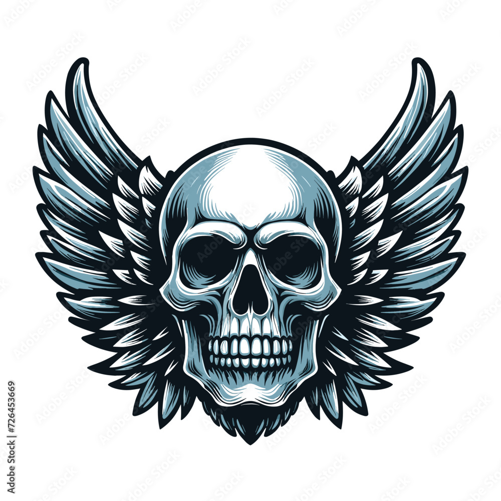 Skull wings vector illustration, winged skull badge emblem template suitable for apparel t-shirt, poster, motorbike club logo, tattoo. Design isolated on white background