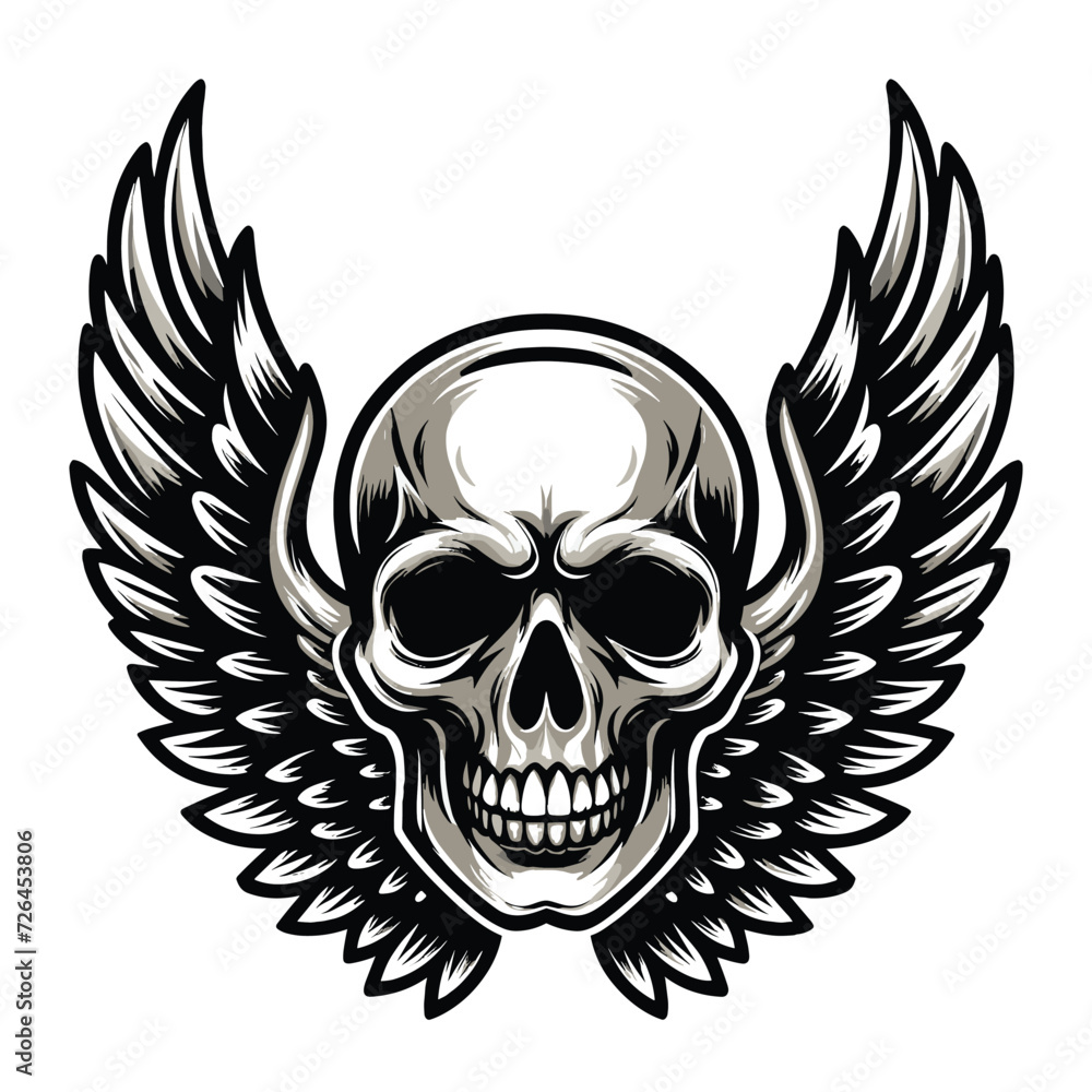 Skull wings vector illustration, winged skull badge emblem template suitable for apparel t-shirt, poster, motorbike club logo, tattoo. Design isolated on white background Skull wings vector illustration, winged skull badge emblem template suitable for apparel t-shirt, poster, motorbike club logo, tattoo. Design isolated on white background