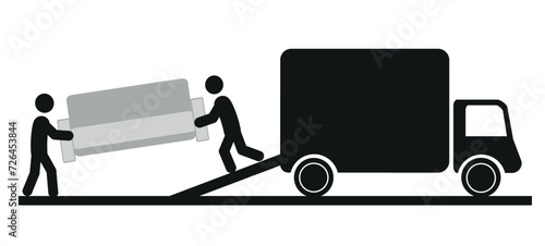 furniture delivery, pictogram, two movers carrying a sofa, figures of people, a truck for furniture delivery
