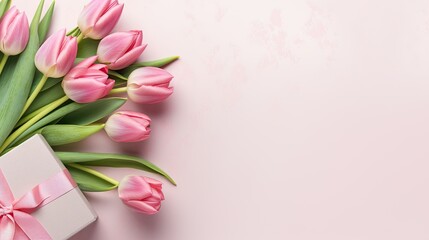 gift box filled with pink tulips on table, feminine empowerment and international womens day.