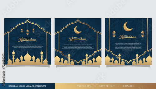 Islamic ramadan square template in blue gold color for post, poster and banner