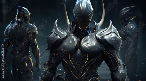 Three Futuristic Warriors in Shiny Gold Detail Armor in a Dark Room - Generative AI