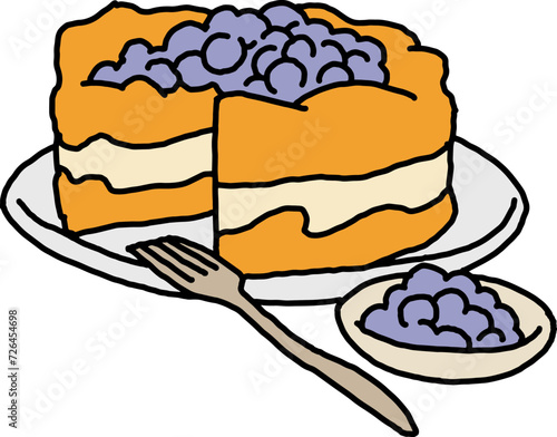 Sweet dessert cake with fruits for celebration birthday party or wedding, tasty breakfast. For cafe, restaurant menu print, postcard or poster. Hand drawn illustration. Cartoon style line art drawing.