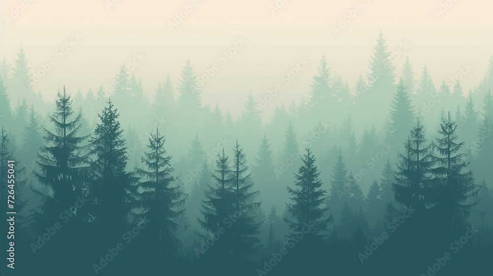 Forest panorama view. Pine tree landscape vector illustration. Spruce silhouette. Banner background.