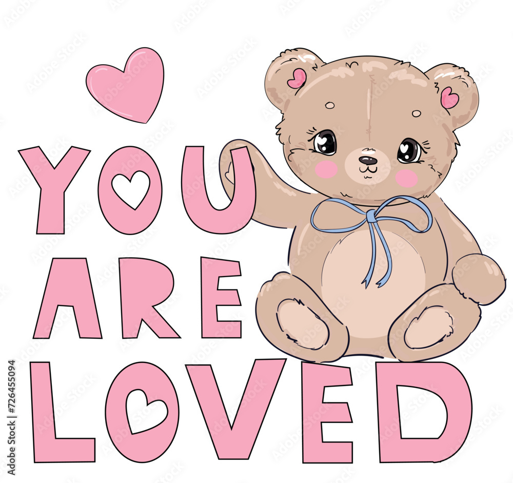 Hand drawn Cute Teddy Bear and pink Heart, vector illustration Valentines day Hand drawn Cute Teddy Bear and pink Heart, vector illustration Valentines day