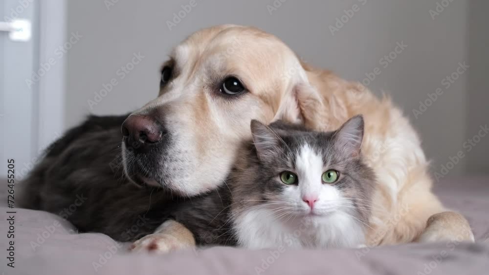 A cat and a dog lying together on a bed. Pets sleeping on a cozy plaid. Caring for animals. Love and friendship of a kitten and a puppy. A cat and a dog lying together on a bed. Pets sleeping on a cozy plaid. Caring for animals. Love and friendship of a kitten and a puppy.