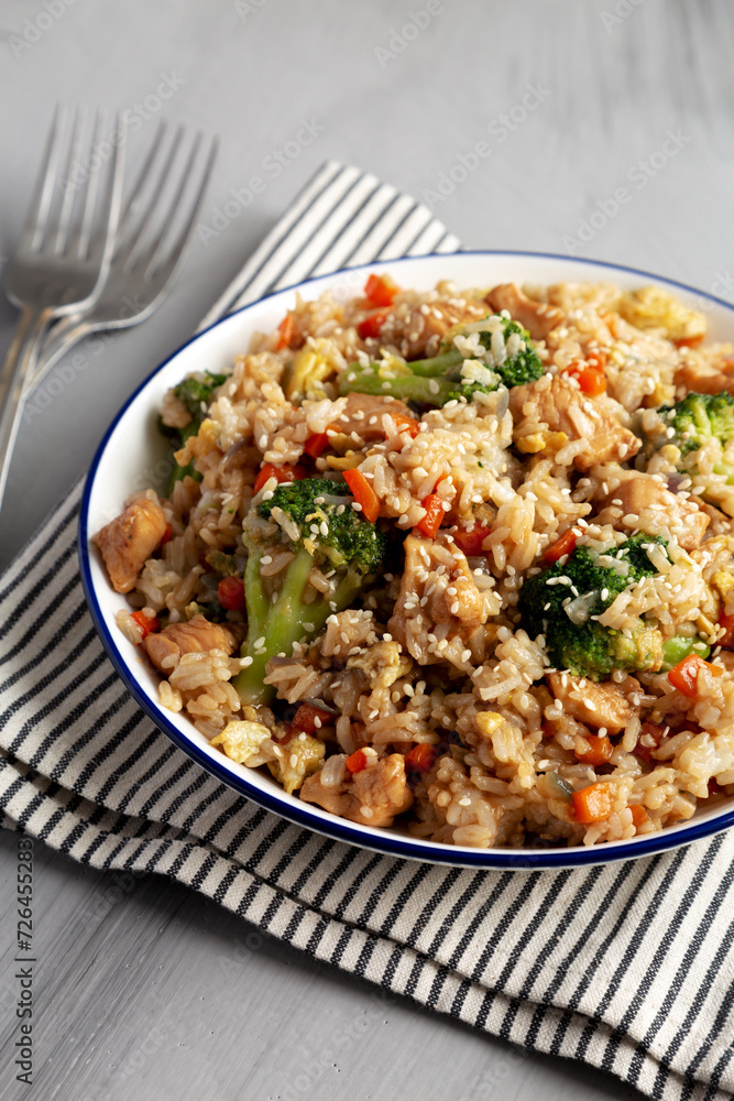 Homemade Chicken Teriyaki Fried Rice on a Plate, side view. Homemade Chicken Teriyaki Fried Rice on a Plate, side view.