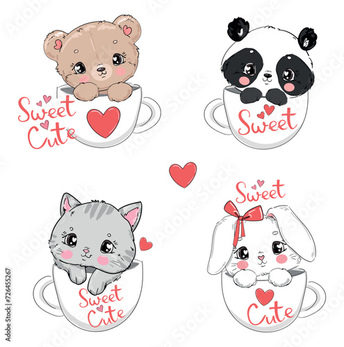 Hand drawn Cute Animals sitting in a cup, Kids print vector illustration. Panda, Bear, Cat, Bunny