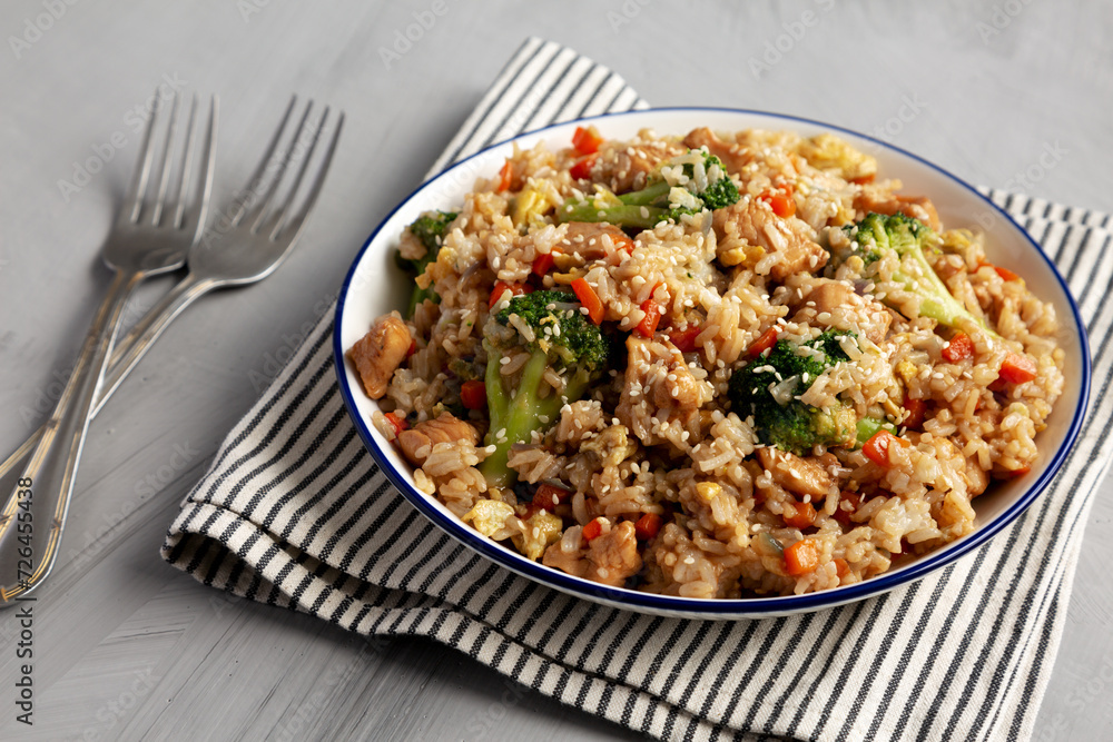 Homemade Chicken Teriyaki Fried Rice on a Plate, side view. Homemade Chicken Teriyaki Fried Rice on a Plate, side view.