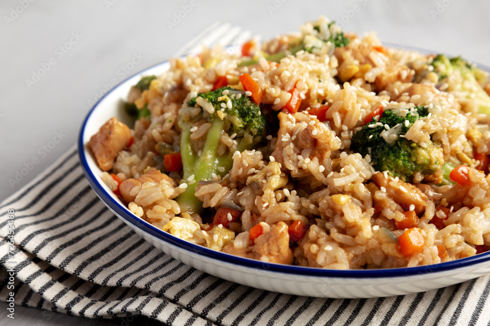 Homemade Chicken Teriyaki Fried Rice on a Plate, low angle view. Homemade Chicken Teriyaki Fried Rice on a Plate, low angle view.