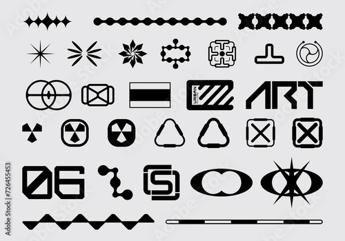 Futuristic abstract symbol asset collection acid shape streetwear element vector icon y2k Bundle HUD interface game technology separated editable