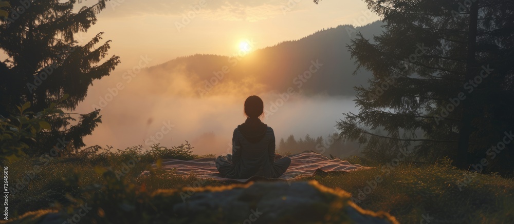 An Asian woman reflects on the sunset fog in the forest and mountains while finding solace in a picnic amidst adversity.