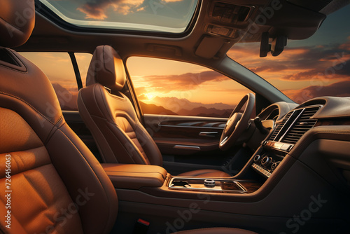 Modern car interior with dashboard, steering wheel and dashboard. Sunset.