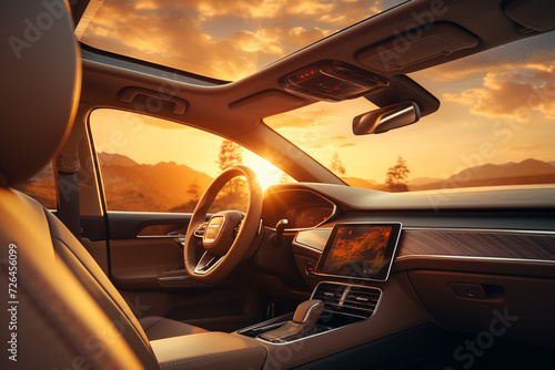 Modern car interior with dashboard, steering wheel and dashboard. Sunset. © Creative