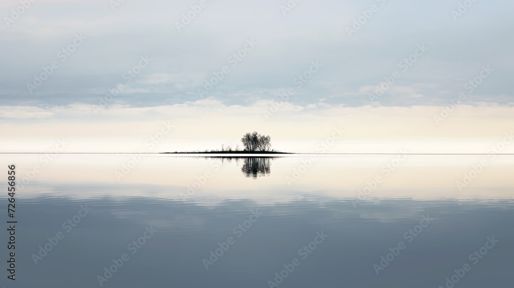 Secluded Island Reflected in the Water Amidst the Calm Sea - Generative AI