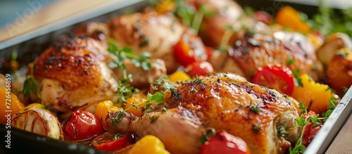 Roasted chicken with tomatoes and peppers.