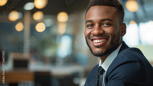 Homem feliz e sorrindo de terno em uma empresa  photo