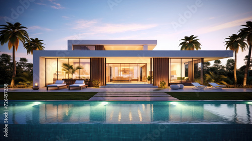 Luxury House with Illuminated Interiors by the Poolside - Generative AI © Zeynep