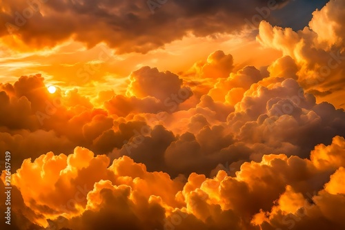 Captivating close-up shot of bright, sunlit clouds in shades of goldenrod and tangerine, casting a warm and comforting glow across the twilight sky.