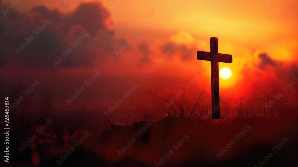Crucifix Silhouette Against Fiery Sunset on Good Friday. - obrazy, fototapety, plakaty 