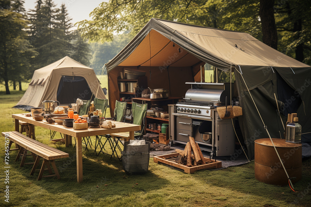 Camping in the woods with tents and food on the table. Camping in the woods with tents and food on the table.