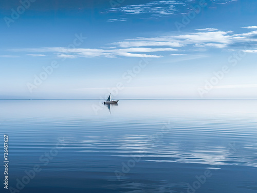 Distant Sailboat Reflected on the Water in the Middle of a Calm Sea - Generative AI