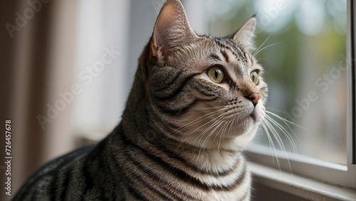 A silver tabby cat with striking striped fur and green eyes gazing outside from a windowsill, bathed in natural light. © Tom