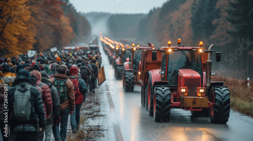 Agricultural workers protest. Protesting farmers blocking streets by convoys of tractors.  photo
